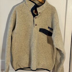 Vintage Patagonia Men's Tan Zip-Up Sweater with Navy Details